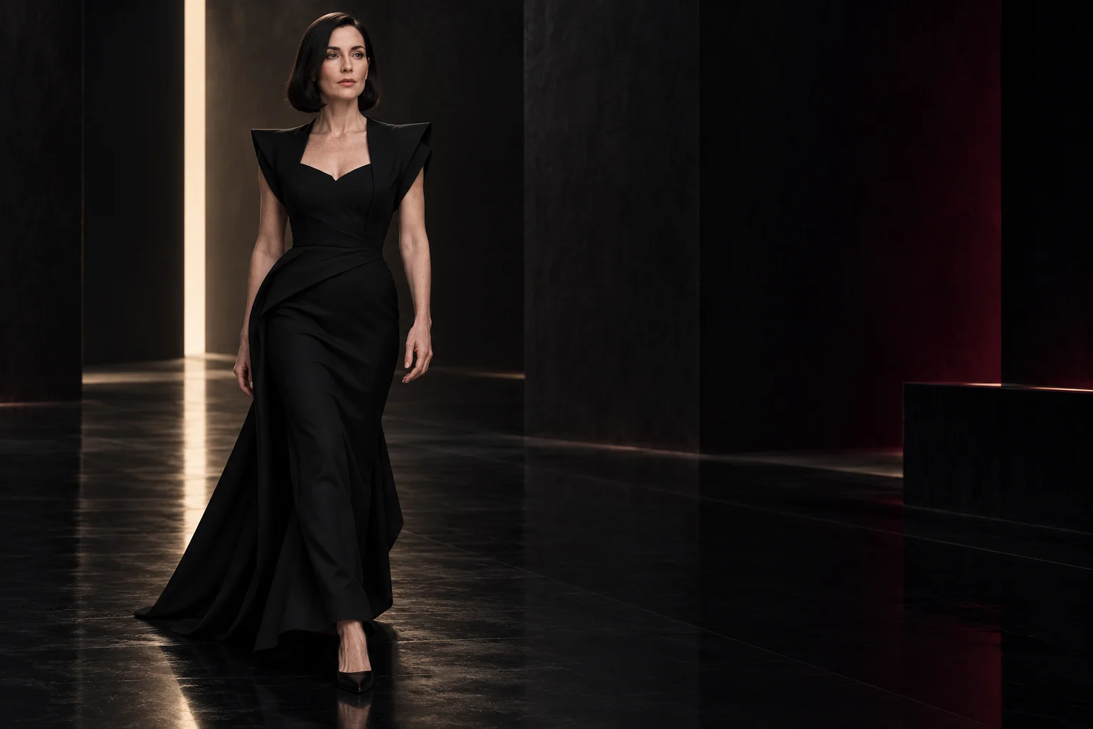 NOIR ELEGANCE, campaña conceptual ZELNA Runway con modelo adulta ficticia